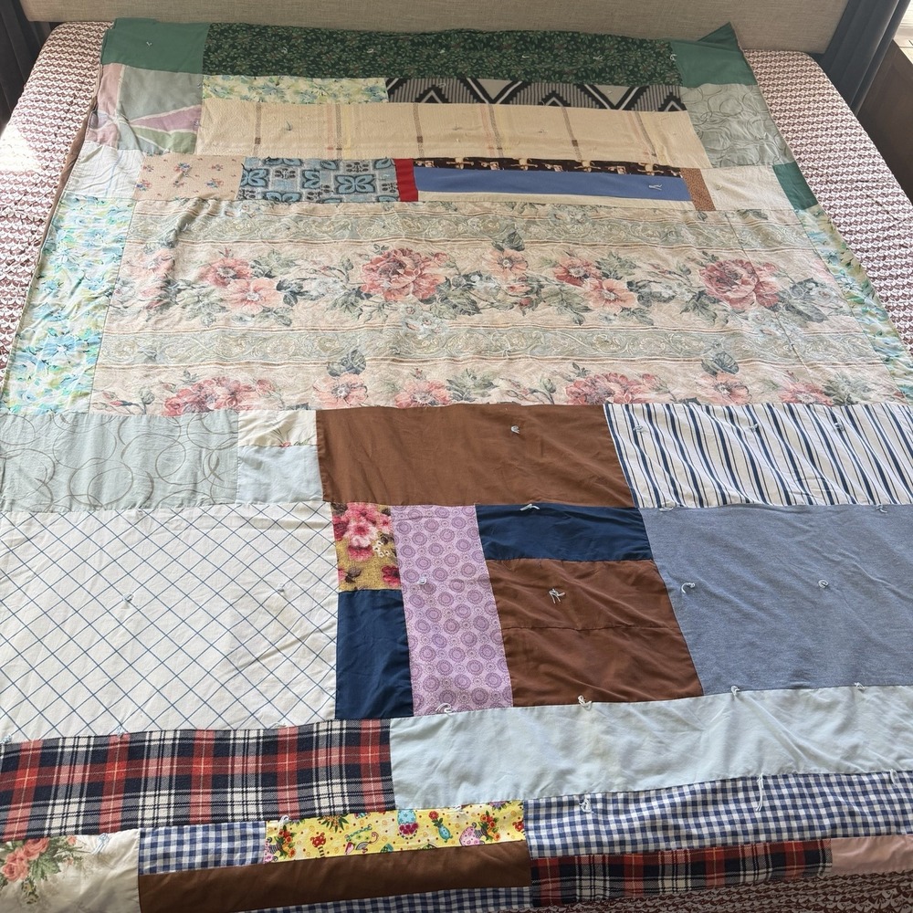 Vintage Handmade Scrap Patchwork Tie Quilt Folk Art Primitive Throw